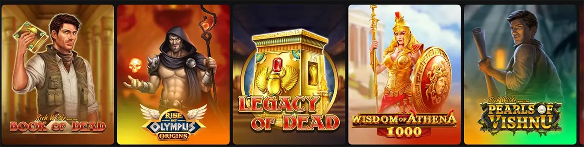 Horizontal carousel of slot game cover images, including Book of Dead, Rise of Olympus Origins, Legacy of Dead, Wisdom of Athena 1000, and Pearls of Vishnu, each shown as a colourful square thumbnail.