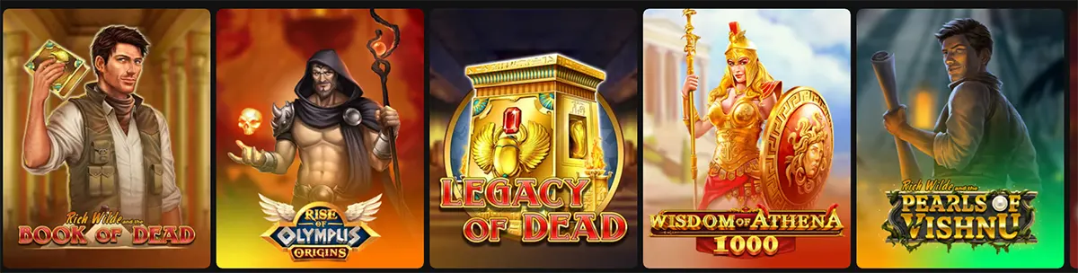 Horizontal carousel of slot game cover images, including Book of Dead, Rise of Olympus Origins, Legacy of Dead, Wisdom of Athena 1000, and Pearls of Vishnu, each shown as a colourful square thumbnail.