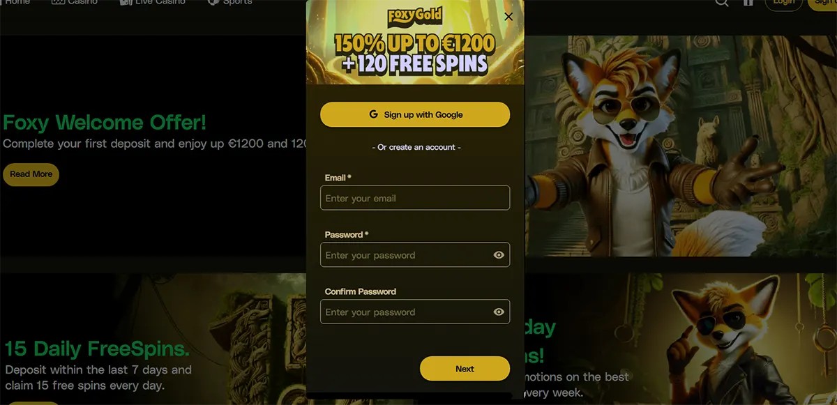 FoxyGold casino homepage with a centred sign-up modal showing “150% up to €1200 + 120 Free Spins,” a Google sign-up button, email/password/confirm fields, and a yellow “Next” button over a dark background with a fox character and promo tiles.